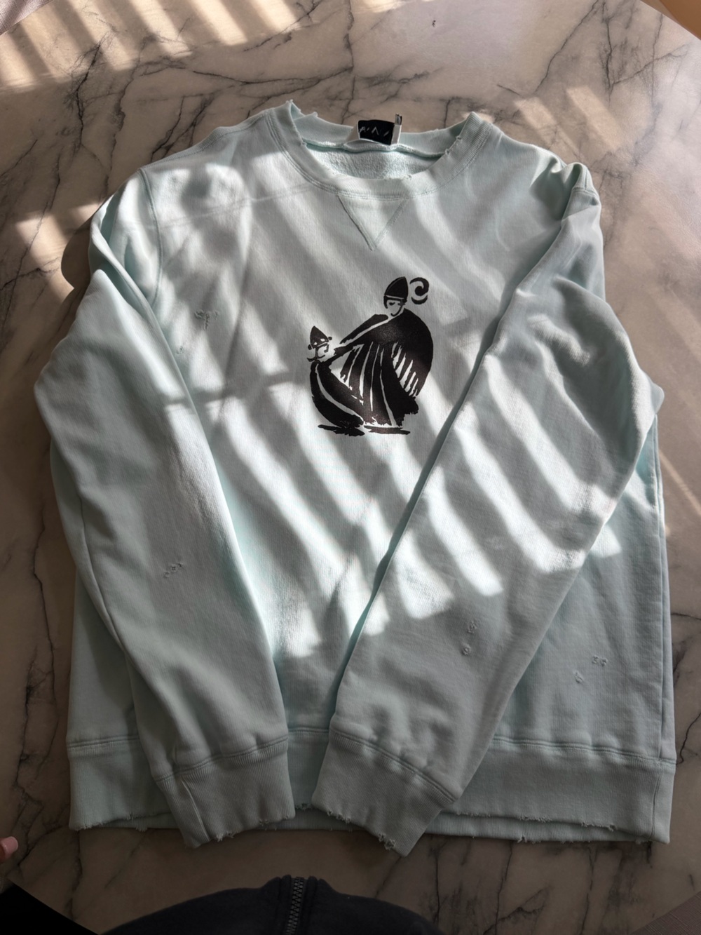 Lanvin Light Blue Graphic distressed Long-Sleeve Men's Crewneck, SZ XL